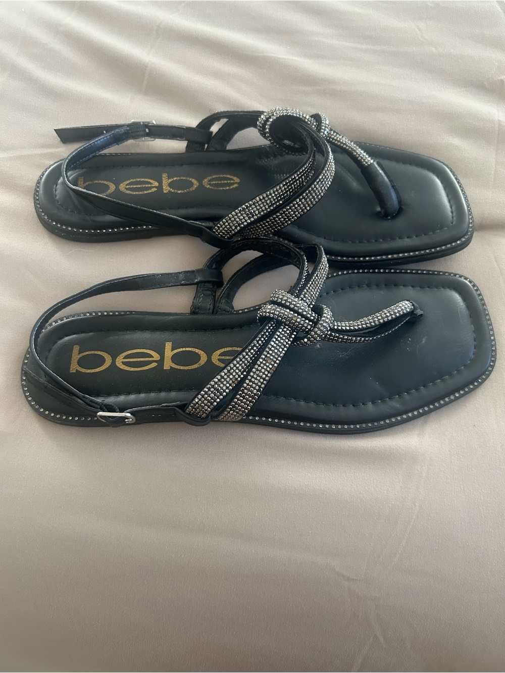 bebe Black Rhinestone Knot Toe-Post Slingback Sandals